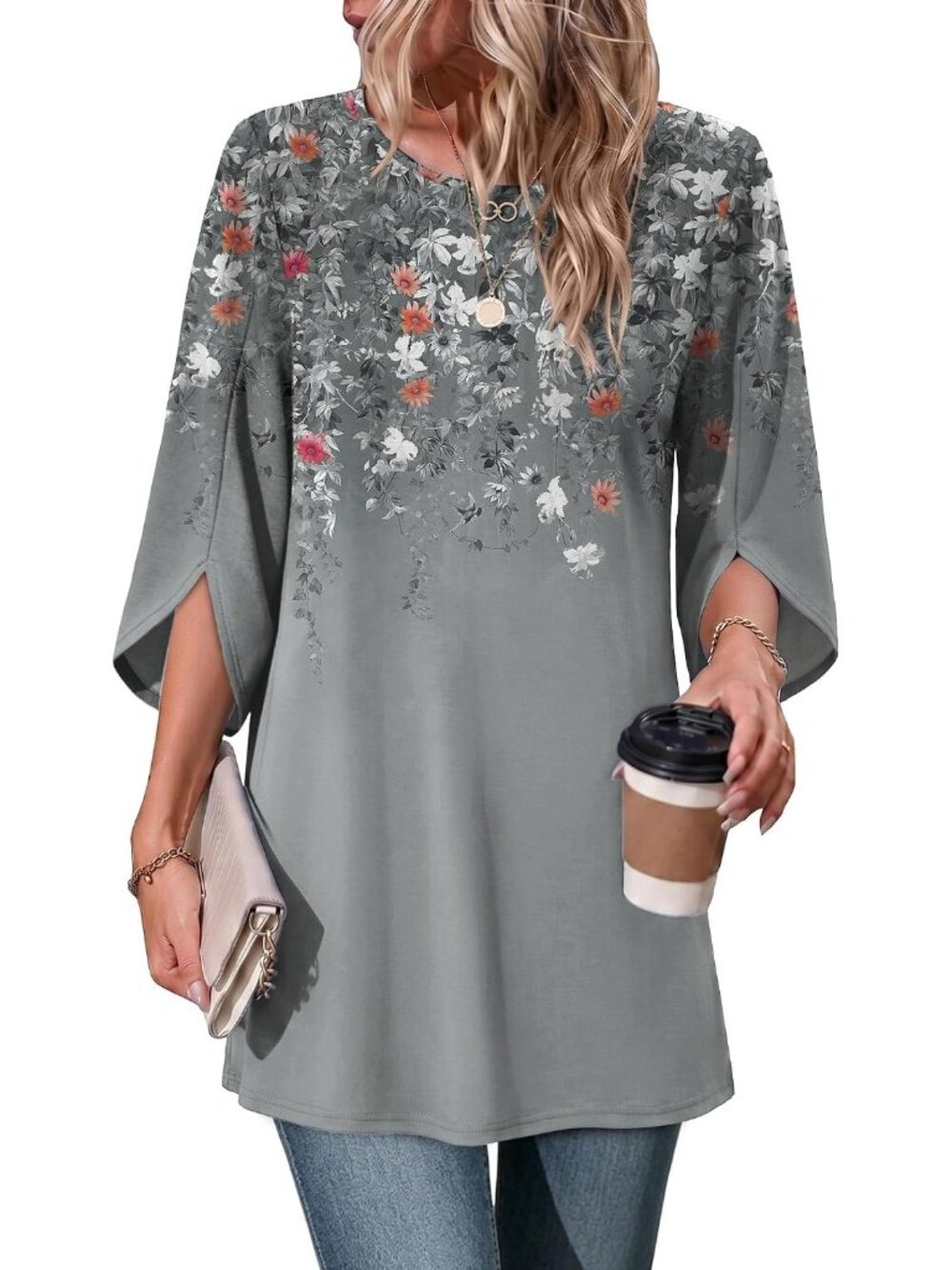 Women's Floral Grey 3 4 Length Sleeve Crew Neck Casual Tops Imported T Shirts